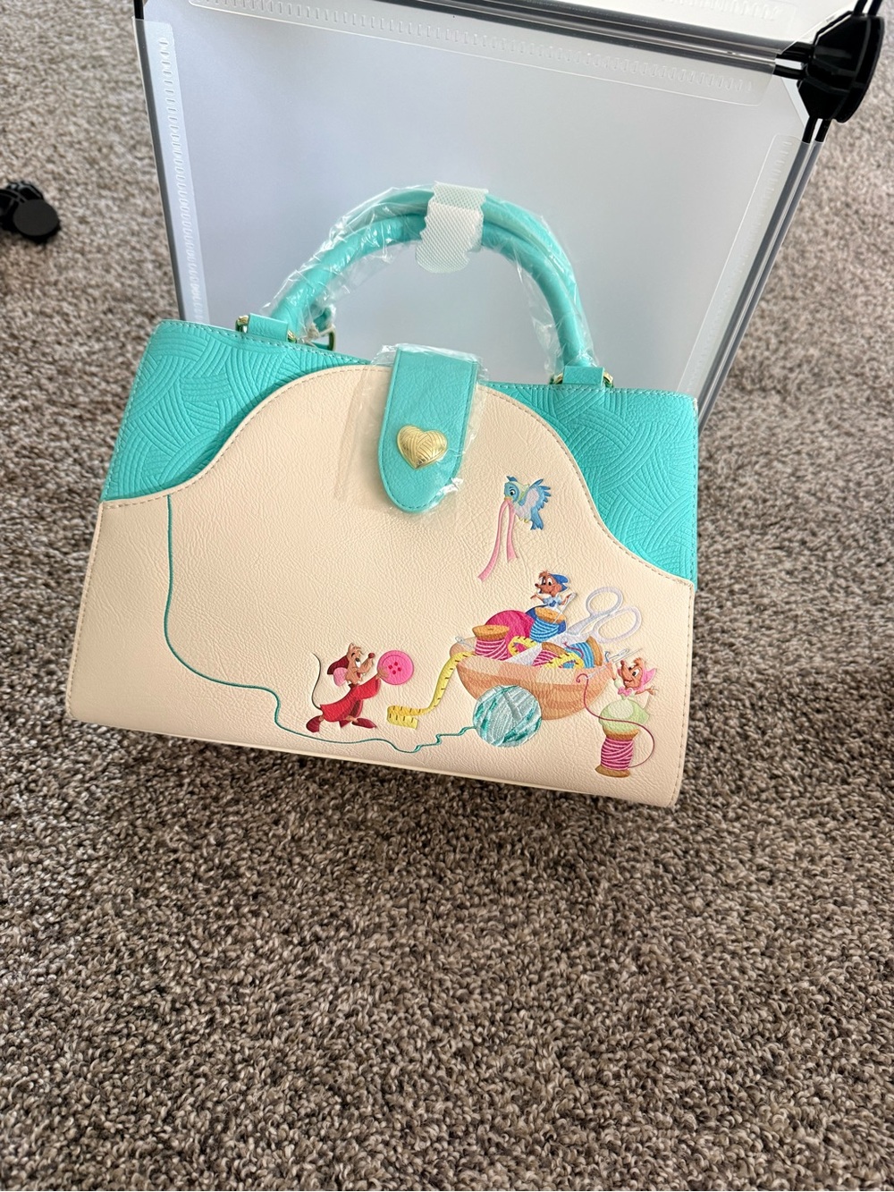 Loungefly Cream and Aqua Satchel with Cinderella Mice Art